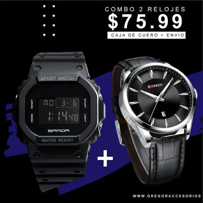 Reloj Cuadrado Sport + Curren cuero negro #967 Gregor-accesorios