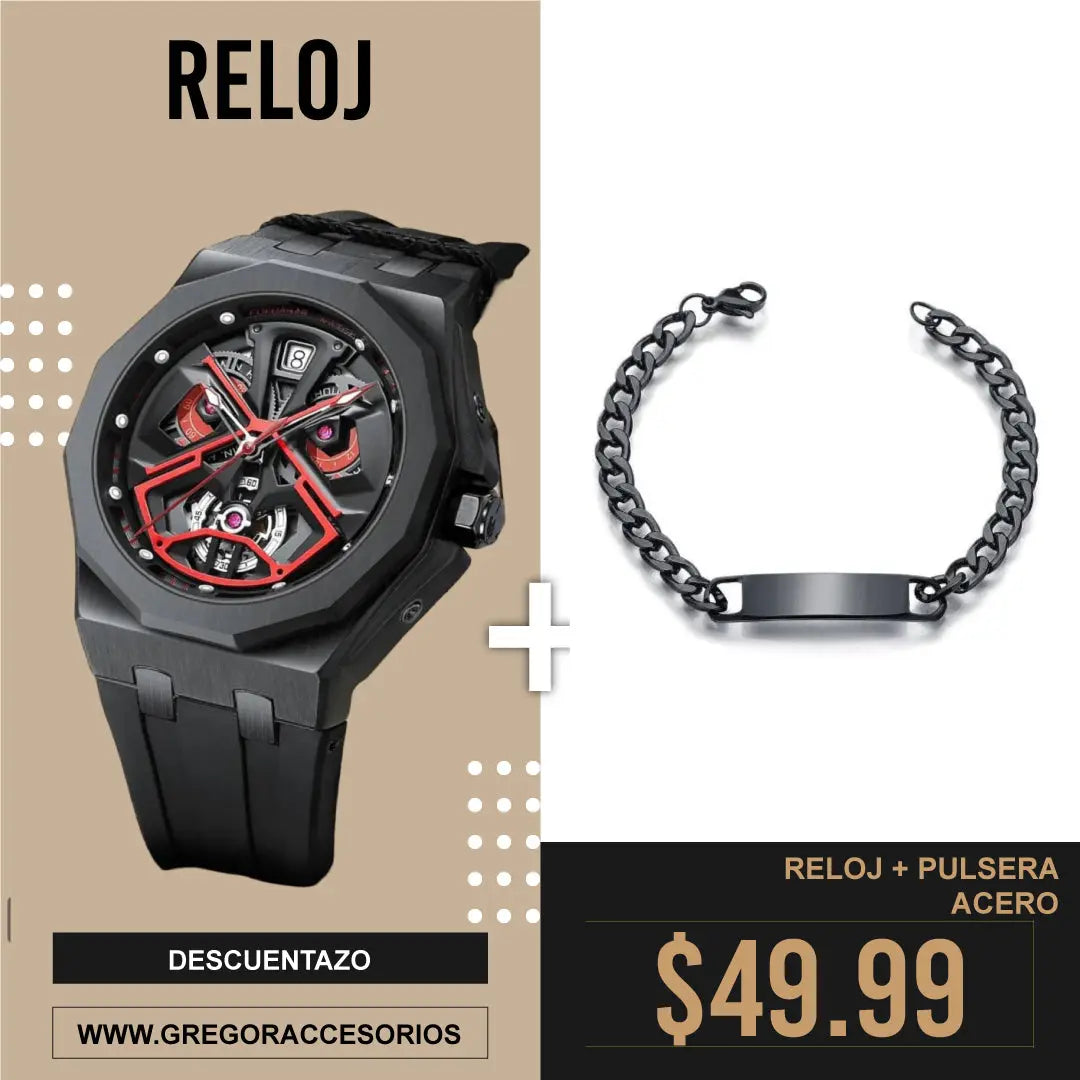 Reloj Poedagar + Pulsera Negra #975 Gregor-accesorios