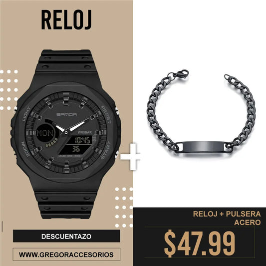 Reloj Sanda Sport Negro + Pulsera Negra #964 Gregor-accesorios
